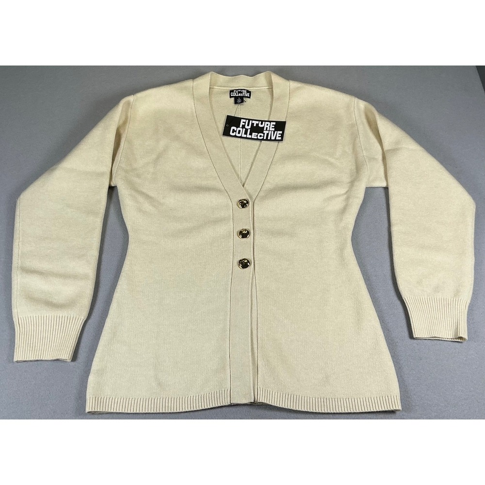 Future Collective Womens Cream Cardigan Small V Neck Button Knit Sweater NWT